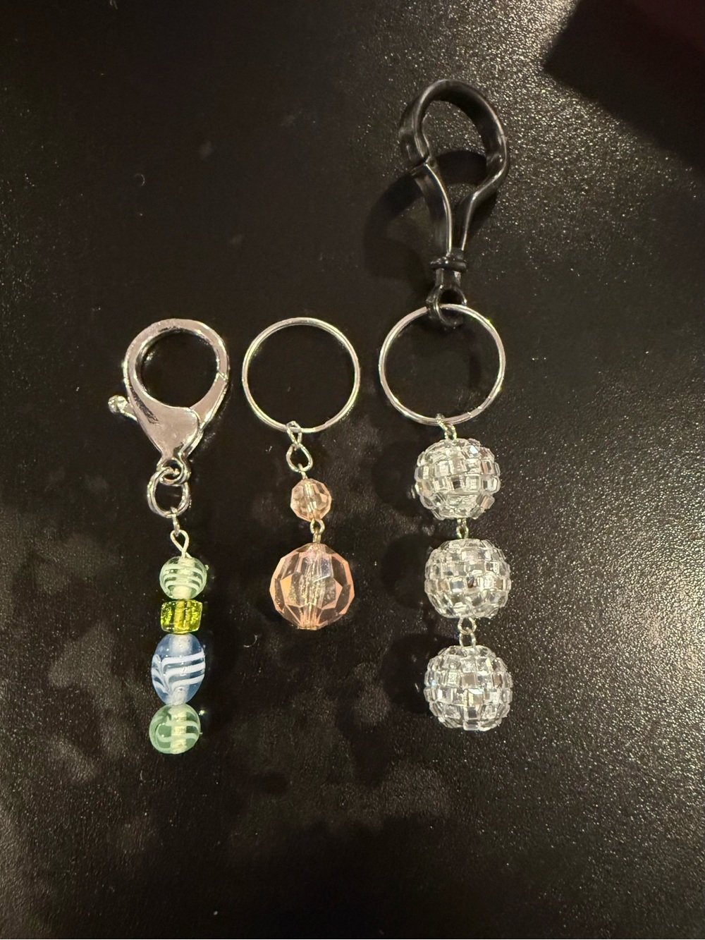 3 beaded keychains and bag clips